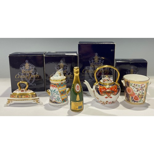 161 - A Royal Crown Derby miniature model, Ice Bucket, 6cm high; others, Champagne bottle, 9cm high, Iron,... 