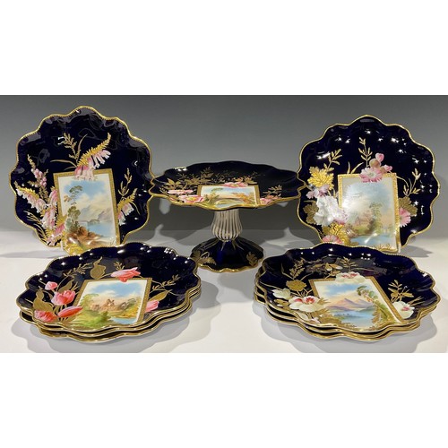 166 - A Staffordshire Aesthetic Movement dessert service for eight, rectangular panels painted with scenic... 