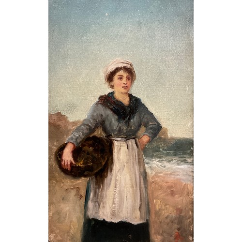 120 - English School, 19th century, three quarter length portrait, Fisher Girl stood on the Beach Holding ... 