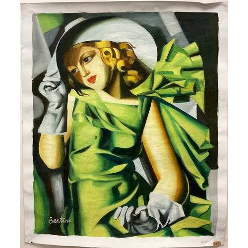 122 - After Tamara de Lempicka, Young lady with gloves, signed ‘Bentini, oil on canvas 63cm x 53cm, and an... 