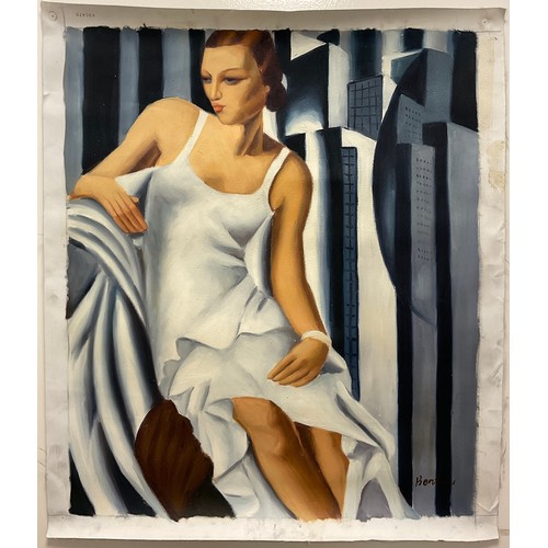 122 - After Tamara de Lempicka, Young lady with gloves, signed ‘Bentini, oil on canvas 63cm x 53cm, and an... 