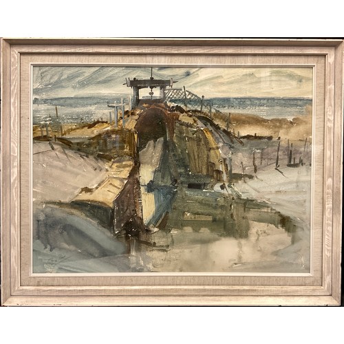 113 - Impressionist school, British, 20th century, Coastal Sluice gate, indistinctly signed, gallery label... 