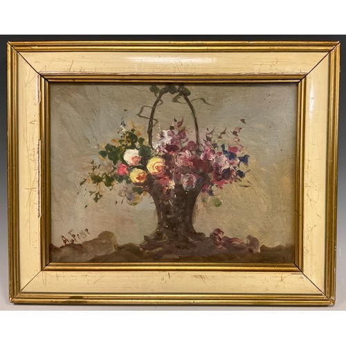 178 - Impressionist school, mid 20th century, Basket of flowers, signed A. Fini, oil on board, 17cm x 23cm... 