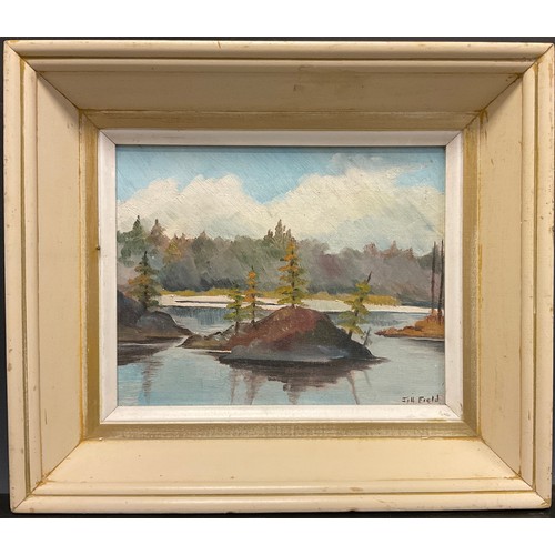 76 - Jill Field, after the Canadian school, Waverley Lake, signed, oil on board, 20.5cm x 25.5cm.