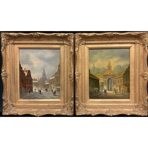 80 - P Lehman, a pair, Bavarian Town with Snow topped Roofs & Autumnal tones, both signed, oils on board,... 