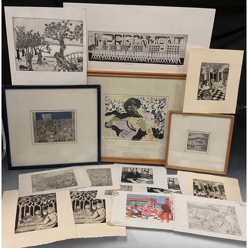 89 - Donald Smith (Modern British school), a portfolio of etchings, and preliminary sketches and watercol... 