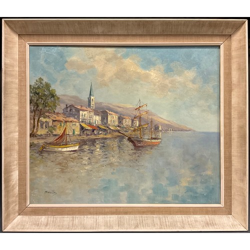 96 - Continental school, 20th century, Mediterranean coastal town, signed Manillo, oil on canvas, 51cm x ... 