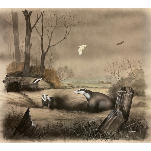 158 - Bryan Conway (British, 20th century), The Moonlit Downs, Badgers at the Sett, signed, watercolour, 4... 