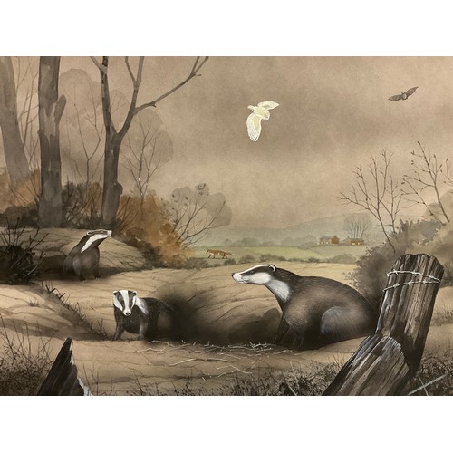 158 - Bryan Conway (British, 20th century), The Moonlit Downs, Badgers at the Sett, signed, watercolour, 4... 