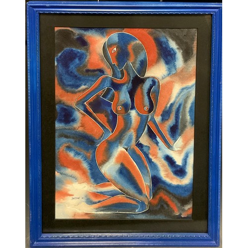 160 - Samson (British Modern School), Fauvist Nude in Umber and Blue, signed, watercolour, 36cm x 25.5cm.