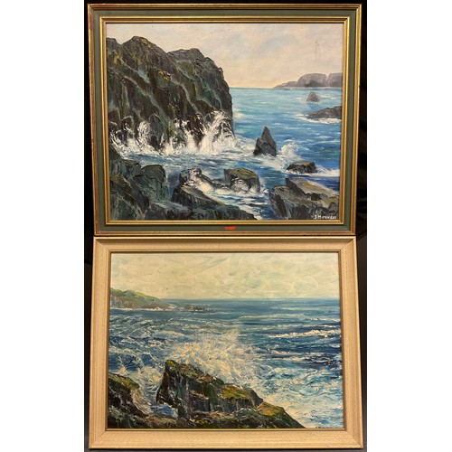 197 - J Mitchell, 20th century,  a pair, stormy Cornish Coast, and Sea-spray and Rocks, signed, oils on bo... 