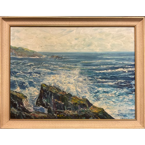 197 - J Mitchell, 20th century,  a pair, stormy Cornish Coast, and Sea-spray and Rocks, signed, oils on bo... 