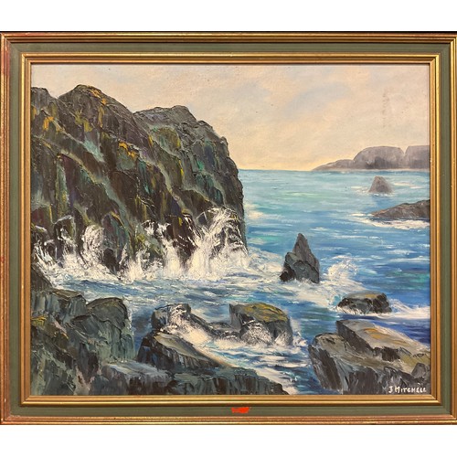 197 - J Mitchell, 20th century,  a pair, stormy Cornish Coast, and Sea-spray and Rocks, signed, oils on bo... 