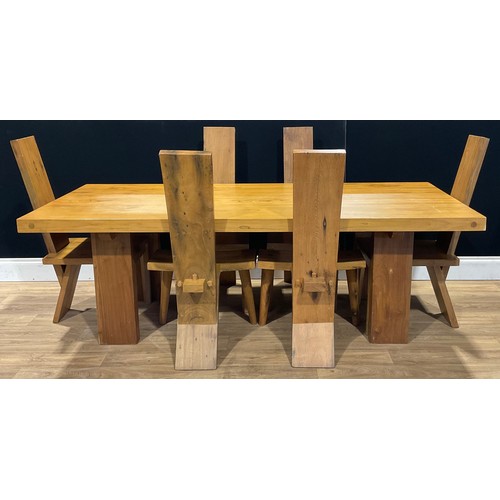 104 - A contemporary hardwood dining table and chairs, the harlequin set of chairs in the manner of Rob & ... 