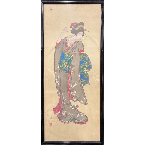 141 - A Japanese woodblock print, Geisha, signed, late 19th century, 98cm x 40cm