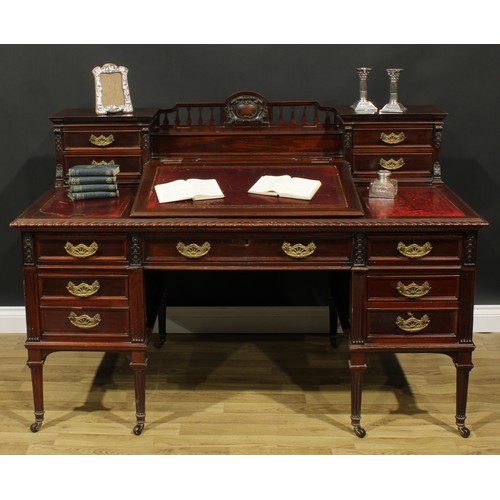 110A - A late Victorian mahogany twin pedestal Dickens desk, shaped superstructure with hinged covered comp... 