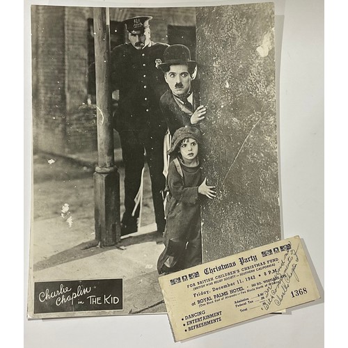 544 - Autograph, Charlie CHAPLIN, 1942 British War Relief Society Christmas Party Ticket in card, signed i... 