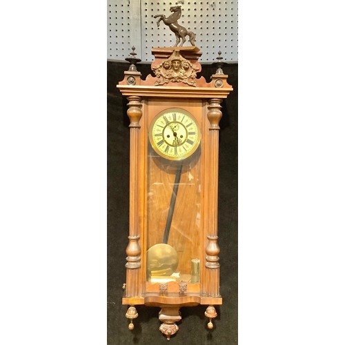 532 - A late 19th century mahogany Vienna regulator wall clock, cresting with rearing horse and spire fini... 