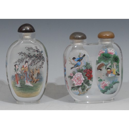 252 - A large Chinese twin-section snuff bottle, inside painted with birds and water fowl, 10.5cm high; an... 