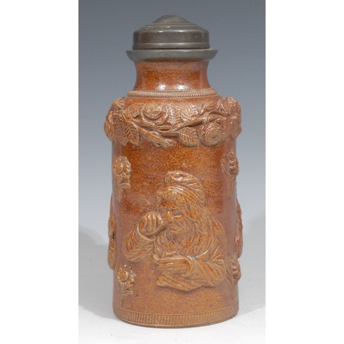41 - A 19th century cylindrical salt glazed stoneware snuff jar, pewter collar and detachable cover, the ... 