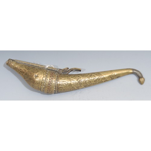 860 - A 19th century Persian brass crescent shaped powder flask, engraved and chased with strapwork and st... 