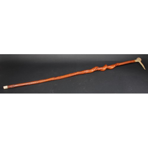 744 - A 19th century twisted hazel walking stick, antler pommel and ferrule, 106cm long