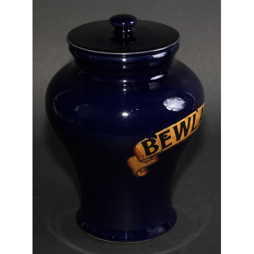 737 - A stoneware Bewlays inverted baluster tobacco or snuff jar and cover labeled in gilt on a cobalt blu... 