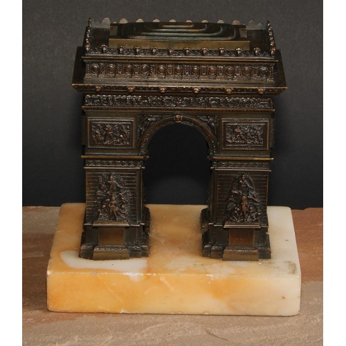1 - A 19th century Grand Tour brown patinated bronze model, of the Arc de Triomphe, rectangular marble b... 