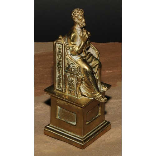 21 - A 19th century brass desk top match striker, cast in the Grand Tour taste as St Peter, after the sta... 