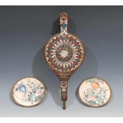 350 - A pair of unusual 19th century bellows, adorned with coloured stones and sections of Chinese mother ... 