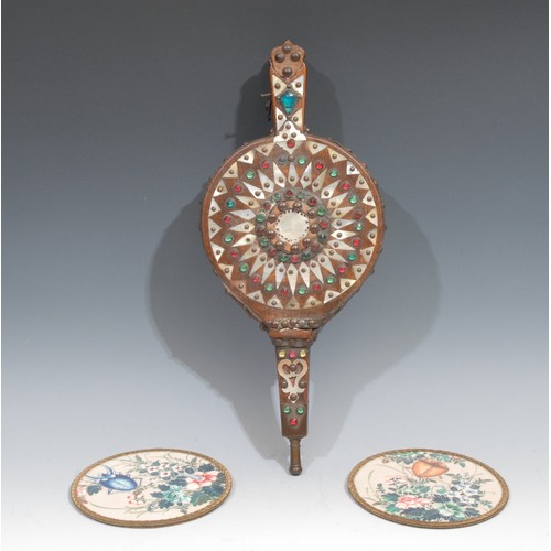 350 - A pair of unusual 19th century bellows, adorned with coloured stones and sections of Chinese mother ... 