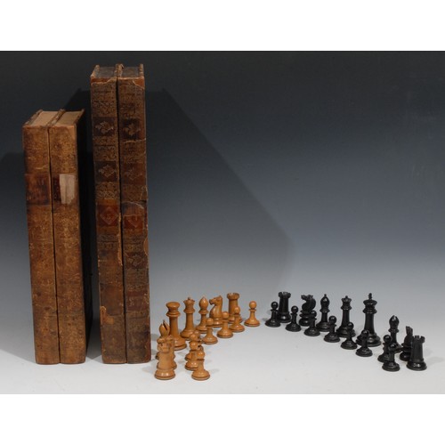 125 - A boxwood and ebony Staunton pattern chess set, possibly Jaques, marked for King's side, the Kings 9... 