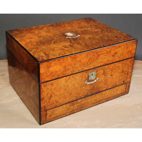 386 - A Victorian burr walnut rectangular dressing box, hinged cover, the interior well fitted with an arr... 