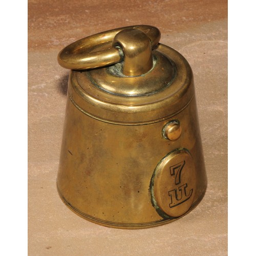 390 - A Victorian lacquered brass novelty inkwell, as a 7lb bell weight, hinged cover, 10cm high, c.1870