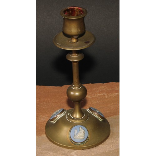 315 - A pair of 19th century jasperware mounted brass candlesticks, the cabochons sprigged in the Grand To... 