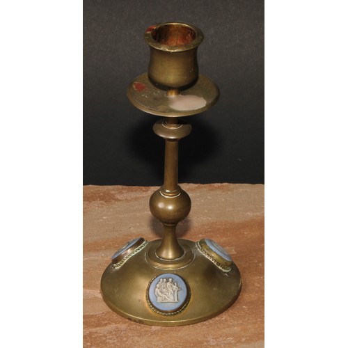 315 - A pair of 19th century jasperware mounted brass candlesticks, the cabochons sprigged in the Grand To... 