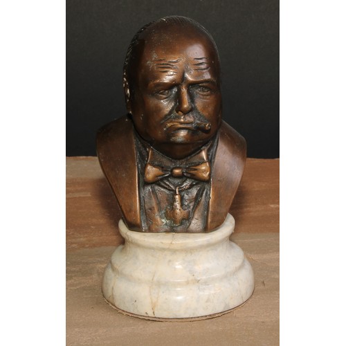 128 - A bronze desk bust, Winston Churchill, waisted marble socle, 14.5cm high