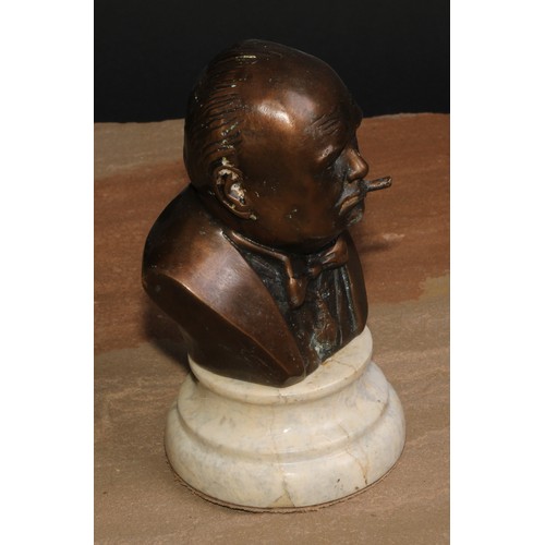 128 - A bronze desk bust, Winston Churchill, waisted marble socle, 14.5cm high