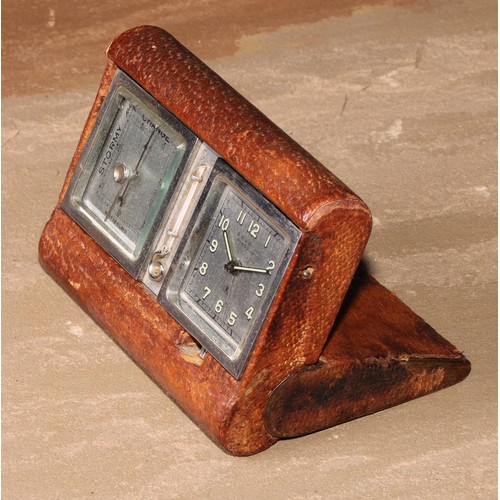 429 - An Art Deco period travelling desk top timepiece and weather station, comprising clock, barometer an... 