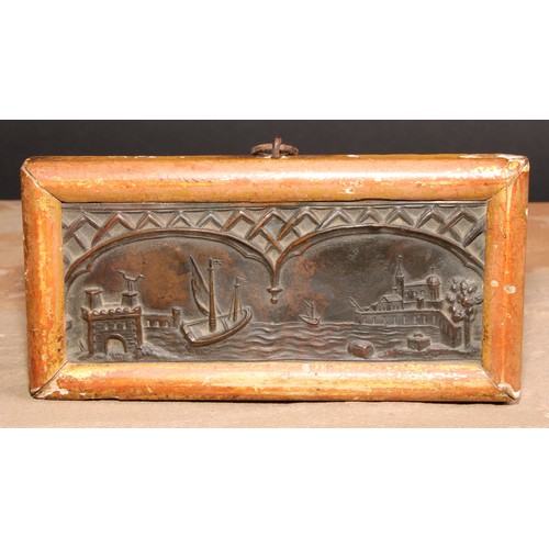 17 - A 19th century bas relief, depicting a Continental harbour scene, gilt frame, 8.5cm x 16.5cm overall