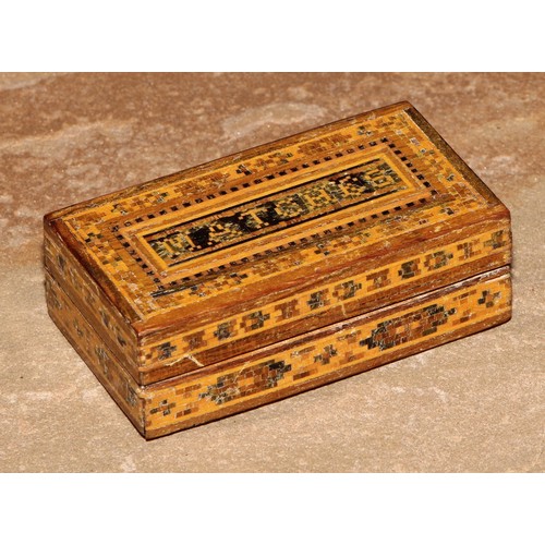 380 - A Tunbridge ware rectangular vesta box, inlaid with geometric banding and inscribed Matches, striker... 