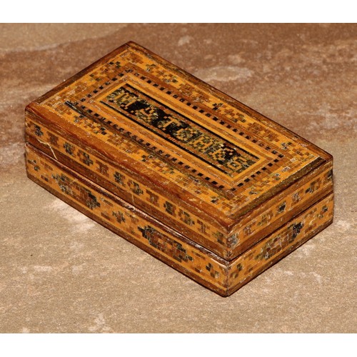 380 - A Tunbridge ware rectangular vesta box, inlaid with geometric banding and inscribed Matches, striker... 