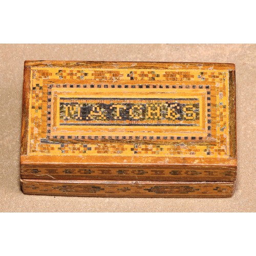 380 - A Tunbridge ware rectangular vesta box, inlaid with geometric banding and inscribed Matches, striker... 