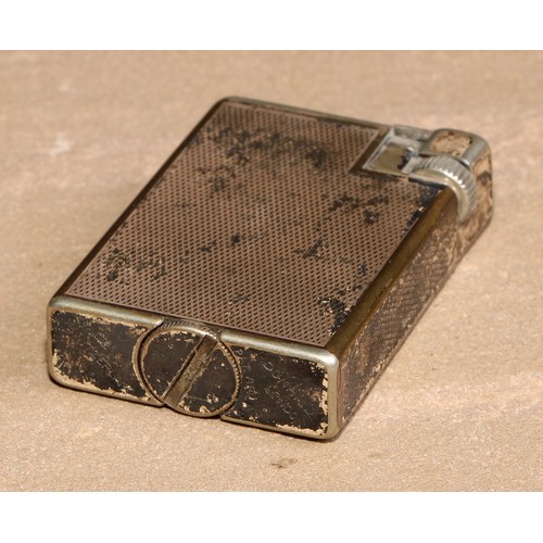 206 - A Dunhill silver plated rectangular lighter, engine turned, made in Switzerland, 5cm long; another, ... 