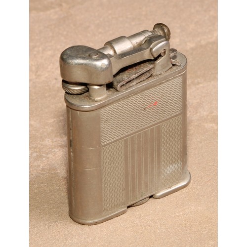 206 - A Dunhill silver plated rectangular lighter, engine turned, made in Switzerland, 5cm long; another, ... 