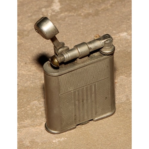 206 - A Dunhill silver plated rectangular lighter, engine turned, made in Switzerland, 5cm long; another, ... 