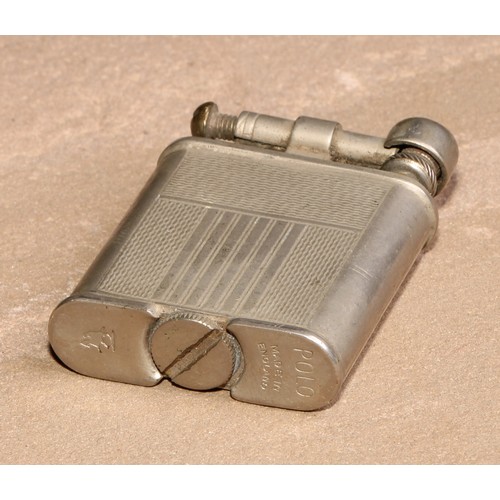 206 - A Dunhill silver plated rectangular lighter, engine turned, made in Switzerland, 5cm long; another, ... 