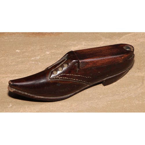 73 - A 19th century mahogany novelty snuff box, as a shoe, pivoting cover, 12.5cm long