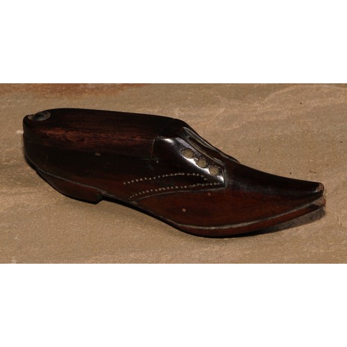 73 - A 19th century mahogany novelty snuff box, as a shoe, pivoting cover, 12.5cm long