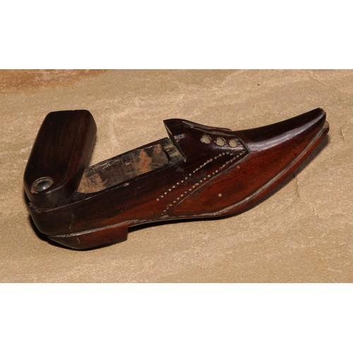 73 - A 19th century mahogany novelty snuff box, as a shoe, pivoting cover, 12.5cm long